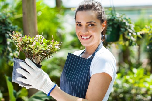 A young woman with dark hair tied back, smiling and wearing a white t-shirt, blue and white striped apron, and garden gloves, is holding a potted plant with small, green, variegated leaves in a lush greenhouse or garden environment. Behind her, there is dense greenery including various plants, trees, and shrubs, suggesting a well-maintained outdoor space typical of Kentish Town. The scene is brightly lit, indicating a sunny day, and she appears to be engaged in gardening or plant care, reflecting professional gardening services offered in the local area. The background includes blurred foliage, emphasizing the focus on the woman and the plant, with natural tones of green and brown complementing the outdoor setting.