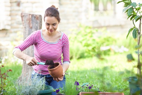 A young woman with dark hair tied back, wearing a pink and white striped long-sleeve top, is gardening outdoors in a lush, well-maintained garden in Kentish Town. She is holding a terracotta flowerpot in her left hand and using a trowel with her right hand to carefully plant or dig soil into the pot. The garden features a vibrant green lawn in the foreground, bordered by various potted plants, including purple and green foliage. In the background, there is a mature tree trunk, a garden fence, and additional greenery, suggesting a private residential outdoor space. The scene appears to be on a bright, slightly overcast day, with natural light illuminating the plants and the woman's focused activity. This setting illustrates professional lawn and garden care, with elements like healthy grass, diverse plants, and garden tools, aligned with the services offered by Landscapers Kentish Town, emphasizing garden planting and outdoor maintenance in the area.